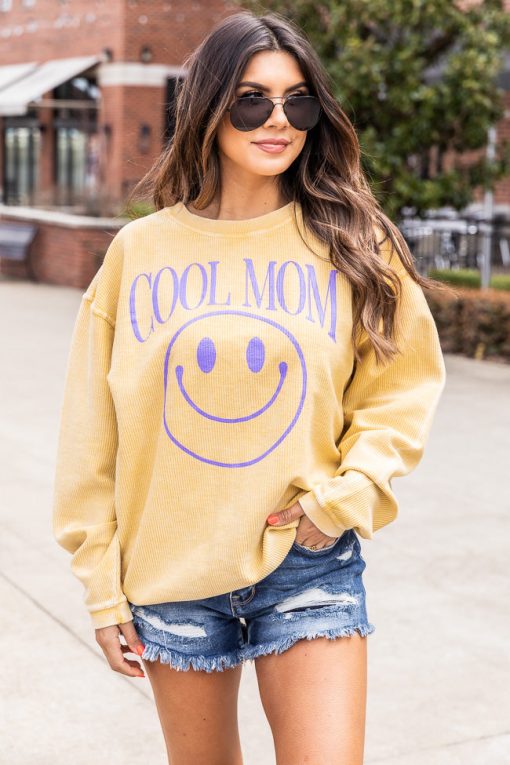 Coupon 👍 Pink Lily Cool Mom Smiley Gold Corded Graphic Sweatshirt 🔥 -Tees Shop