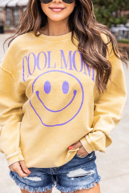 Coupon 👍 Pink Lily Cool Mom Smiley Gold Corded Graphic Sweatshirt 🔥 -Tees Shop