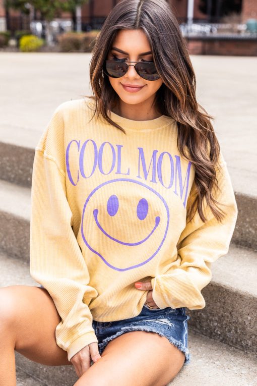 Coupon 👍 Pink Lily Cool Mom Smiley Gold Corded Graphic Sweatshirt 🔥 -Tees Shop