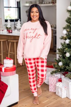 Flash Sale 💯 Pink Lily Merry & Bright Script Pink Corded Graphic Sweatshirt ✔️ -Tees Shop I172138 merryandbrightpinkcordedsweatshirt 185710 deckthehallsjoggers 3 650x