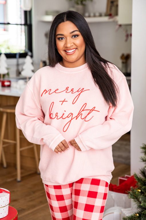 Flash Sale 💯 Pink Lily Merry & Bright Script Pink Corded Graphic Sweatshirt ✔️ -Tees Shop