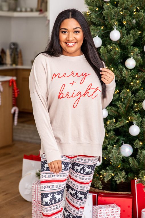 Coupon 🥰 Pink Lily Merry & Bright Script Light Tan Graphic Sweatshirt 🔥 -Tees Shop