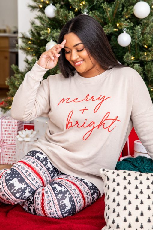 Coupon 🥰 Pink Lily Merry & Bright Script Light Tan Graphic Sweatshirt 🔥 -Tees Shop