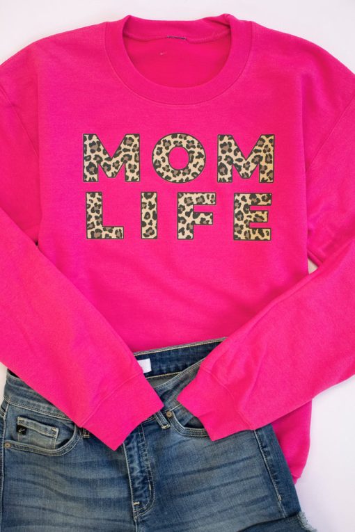 Best Pirce ⭐ Pink Lily Mom Life Leopard Print Hot Pink Graphic Sweatshirt 🔔 -Tees Shop