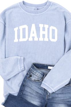 Best reviews of 🥰 Pink Lily State Corded Graphic Faded Denim Sweatshirt ⌛ -Tees Shop Idaho Blue 650x