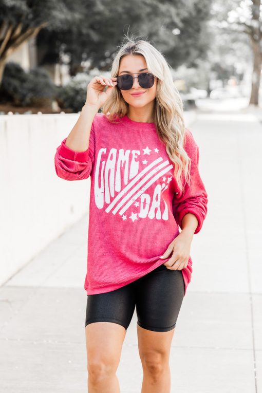 Wholesale 🔥 Pink Lily Gameday Star Red Corded Graphic Sweatshirt 🎉 -Tees Shop