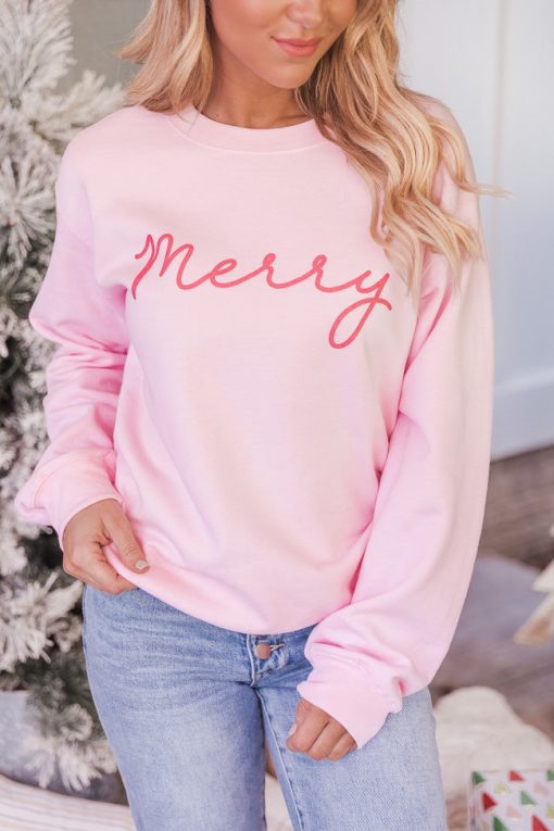 Wholesale 😍 Pink Lily Merry Script Light Pink Graphic Sweatshirt 🎁 -Tees Shop