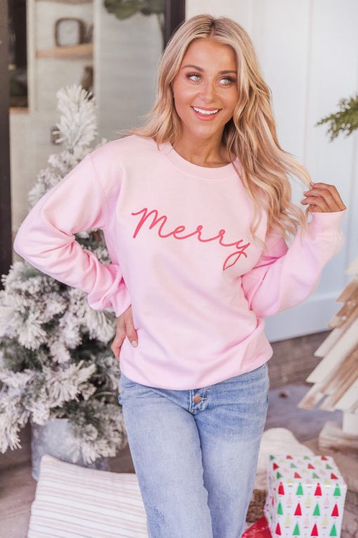 Wholesale 😍 Pink Lily Merry Script Light Pink Graphic Sweatshirt 🎁 -Tees Shop