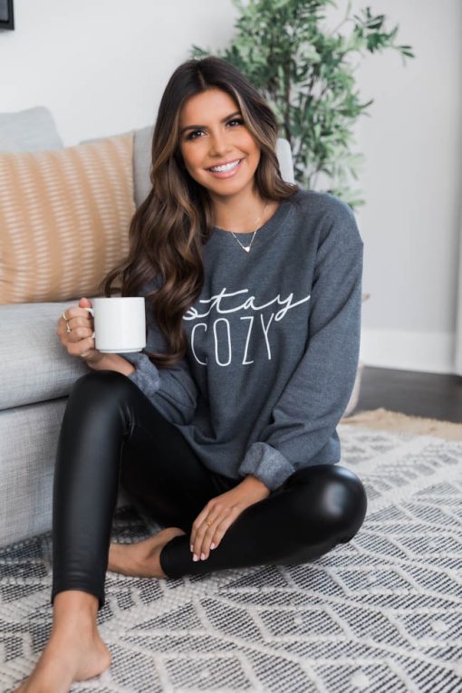 Best Sale 😍 Pink Lily Stay Cozy Dark Heather Graphic Sweatshirt 🛒 -Tees Shop