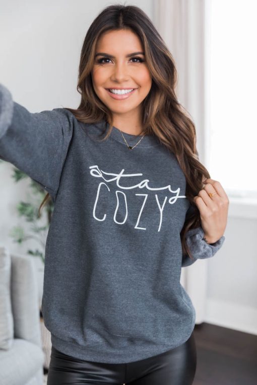 Best Sale 😍 Pink Lily Stay Cozy Dark Heather Graphic Sweatshirt 🛒 -Tees Shop