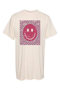 Cheapest 👏 Pink Lily Pink And Teal Checkered Smiley Ivory Graphic Tee 🎉 -Tees Shop MicrosoftTeams image 10 1 650x