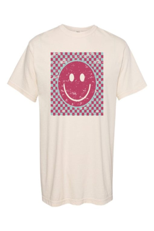 Cheapest 👏 Pink Lily Pink And Teal Checkered Smiley Ivory Graphic Tee 🎉 -Tees Shop MicrosoftTeams