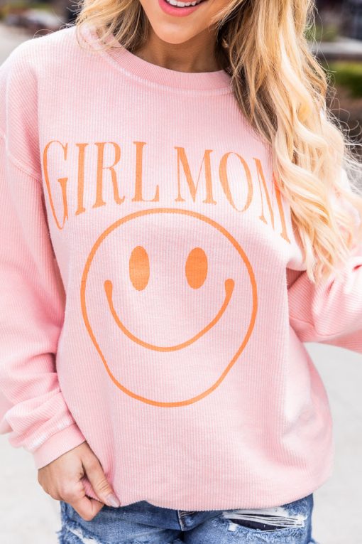 Deals 🎁 Pink Lily Girl Mom Smiley Pink Corded Graphic Sweatshirt 😍 -Tees Shop