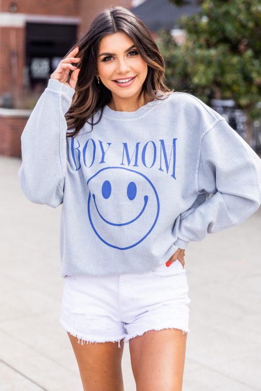 Hot Sale ⭐ Pink Lily Boy Mom Smiley Faded Denim Corded Graphic Sweatshirt 🥰 -Tees Shop