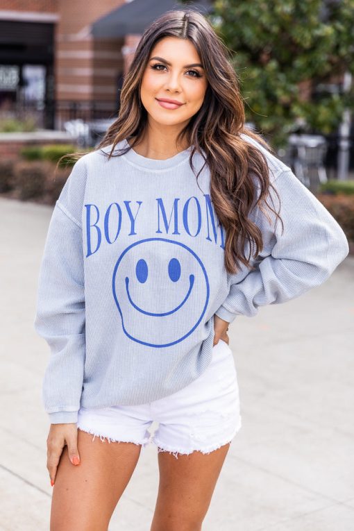 Hot Sale ⭐ Pink Lily Boy Mom Smiley Faded Denim Corded Graphic Sweatshirt 🥰 -Tees Shop