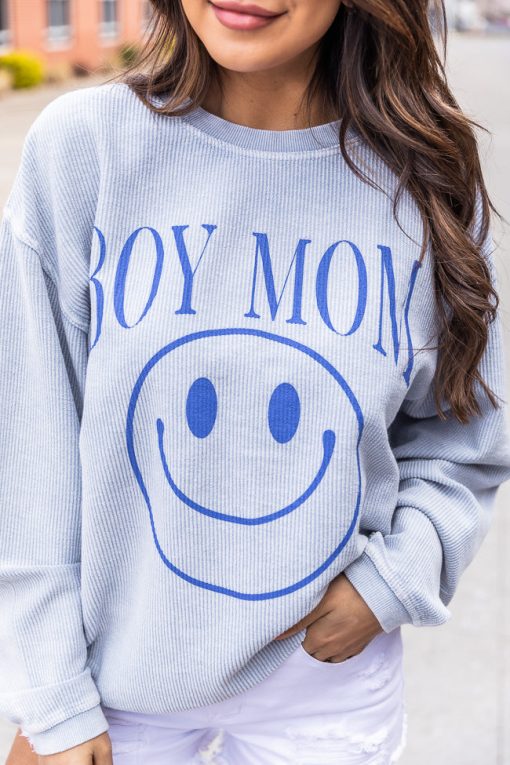 Hot Sale ⭐ Pink Lily Boy Mom Smiley Faded Denim Corded Graphic Sweatshirt 🥰 -Tees Shop