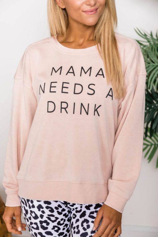 Deals 🎉 Pink Lily Mama Needs A Drink Graphic Pale Pink Sweatshirt 💯 -Tees Shop