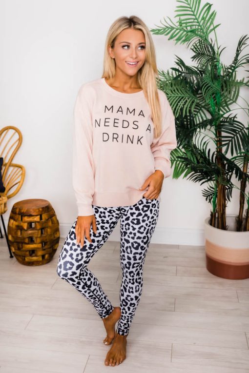 Deals 🎉 Pink Lily Mama Needs A Drink Graphic Pale Pink Sweatshirt 💯 -Tees Shop