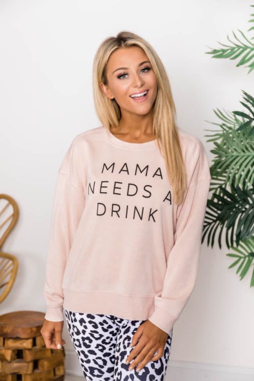 Deals 🎉 Pink Lily Mama Needs A Drink Graphic Pale Pink Sweatshirt 💯 -Tees Shop