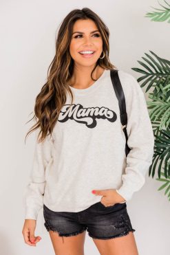 Cheapest 😍 Pink Lily Mama Retro Script Graphic Heather Sand Sweatshirt 🔥 -Tees Shop NEWMamaRetroScriptGraphicSweatshirtHeatherSand 1 650x