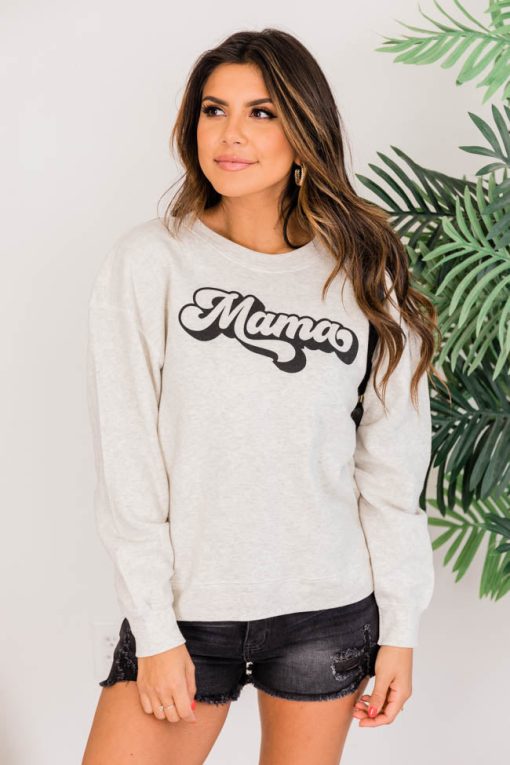 Cheapest 😍 Pink Lily Mama Retro Script Graphic Heather Sand Sweatshirt 🔥 -Tees Shop