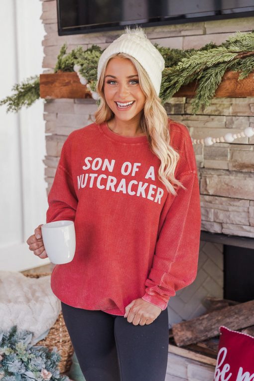 Coupon 🛒 Pink Lily Son Of A Nutcracker Red Corded Graphic Sweatshirt 😍 -Tees Shop