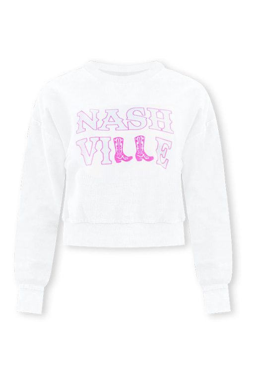 Outlet 😉 Pink Lily Nashville 🥾 Boots White Cropped Corded Graphic Sweatshirt 🎁 -Tees Shop