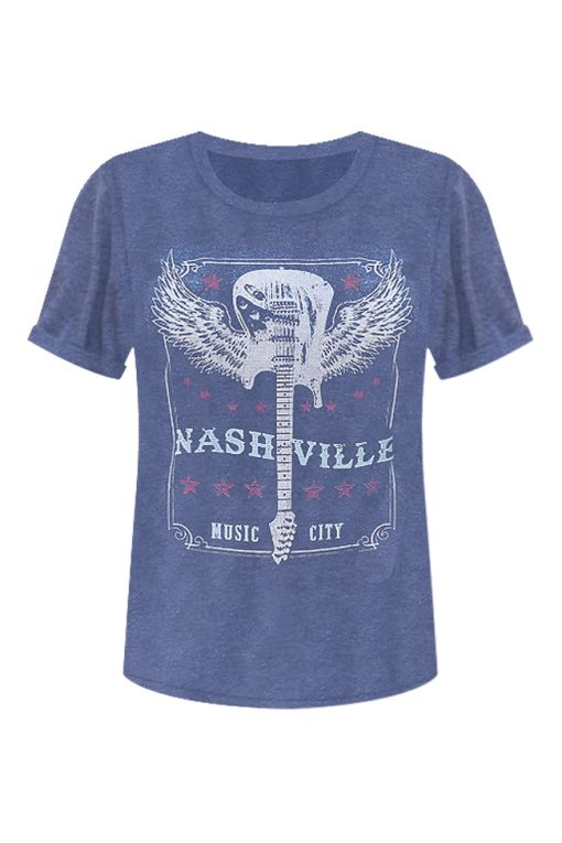 New 🥰 Pink Lily Nashville Music City Midnight Navy Graphic Tee ⌛ -Tees Shop