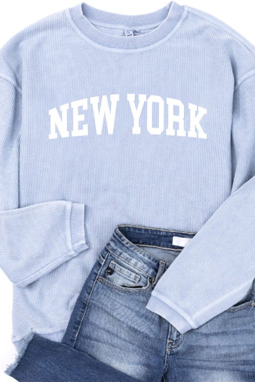 Best reviews of 🥰 Pink Lily State Corded Graphic Faded Denim Sweatshirt ⌛ -Tees Shop