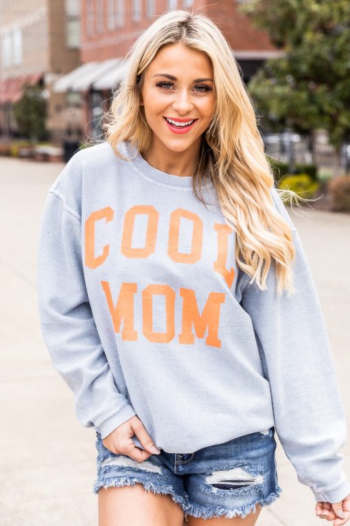 Deals ❤️ Pink Lily Cool Mom Faded Denim Corded Graphic Sweatshirt 🧨 -Tees Shop