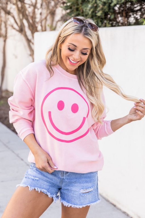 Best Sale 🥰 Pink Lily Smiley Face Pink Corded Graphic Sweatshirt ⌛ -Tees Shop