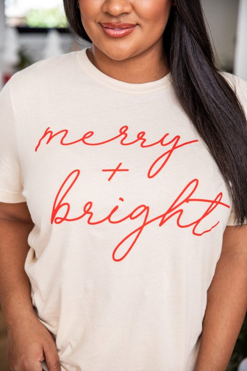 Outlet 🤩 Pink Lily Merry & Bright Script Soft Cream Graphic Tee ✔️ -Tees Shop