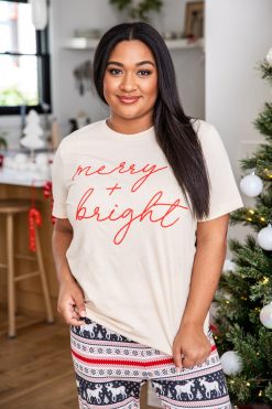 Outlet 🤩 Pink Lily Merry & Bright Script Soft Cream Graphic Tee ✔️ -Tees Shop S163504 merry brighttangraphic 185686 hollyandjollyjogger 7 650x