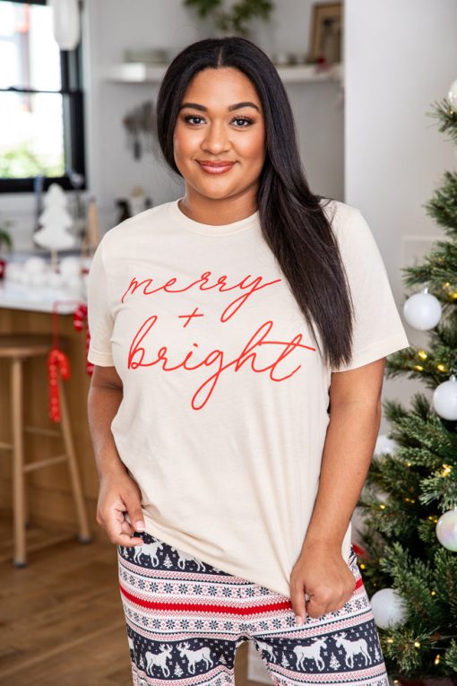 Outlet 🤩 Pink Lily Merry & Bright Script Soft Cream Graphic Tee ✔️ -Tees Shop