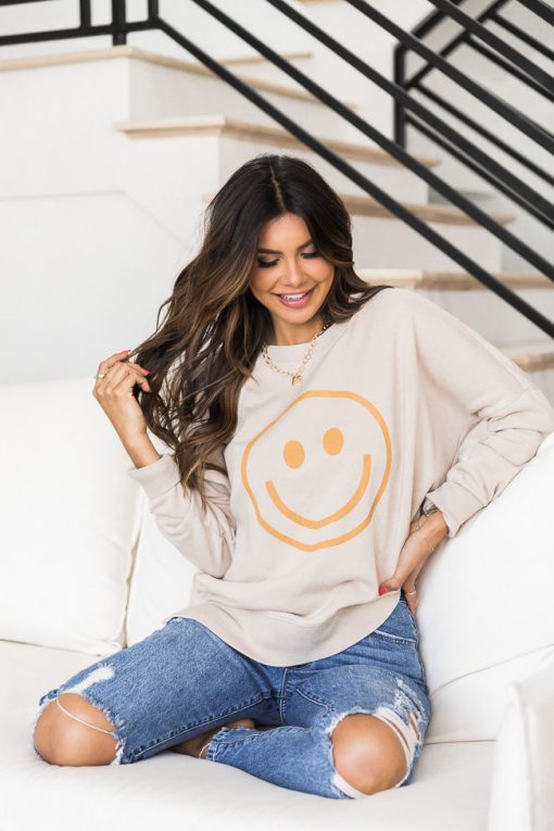 Buy 😀 Pink Lily Smiley Face Light Tan Graphic Sweatshirt ✔️ -Tees Shop