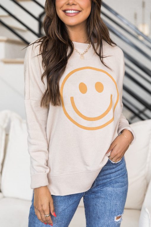 Buy 😀 Pink Lily Smiley Face Light Tan Graphic Sweatshirt ✔️ -Tees Shop