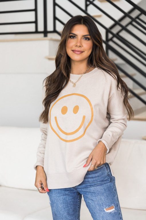 Buy 😀 Pink Lily Smiley Face Light Tan Graphic Sweatshirt ✔️ -Tees Shop