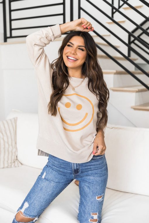 Buy 😀 Pink Lily Smiley Face Light Tan Graphic Sweatshirt ✔️ -Tees Shop