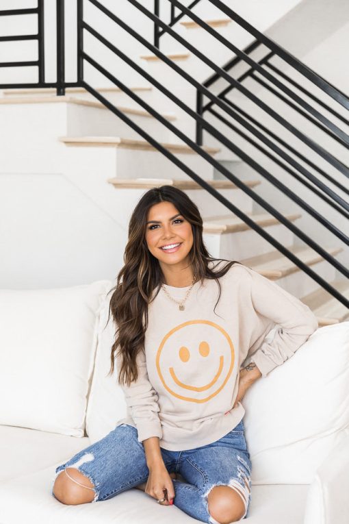 Buy 😀 Pink Lily Smiley Face Light Tan Graphic Sweatshirt ✔️ -Tees Shop