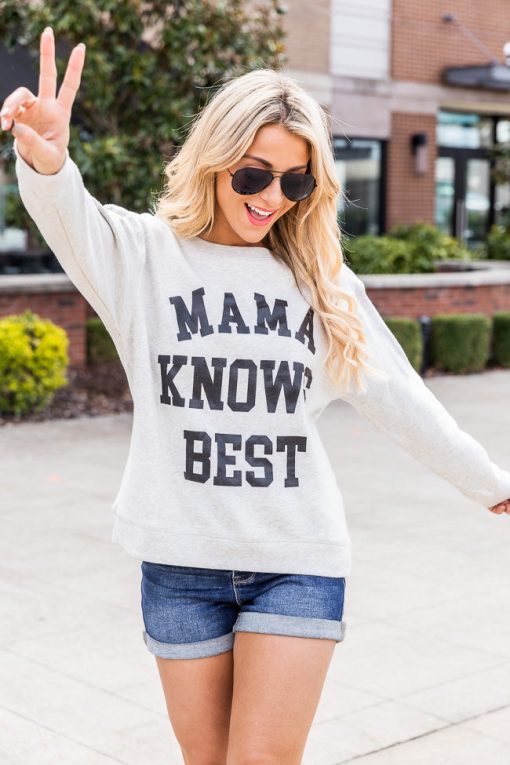 Hot Sale ⭐ Pink Lily Mama Knows Best Heather Sand Graphic Sweatshirt 🧨 -Tees Shop