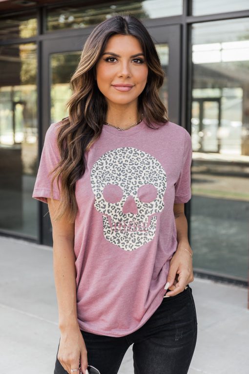 Budget 🎉 Pink Lily Animal Print Skull Mauve Graphic Tee 🌟 -Tees Shop