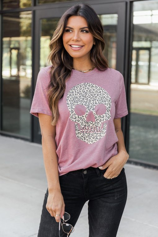 Budget 🎉 Pink Lily Animal Print Skull Mauve Graphic Tee 🌟 -Tees Shop