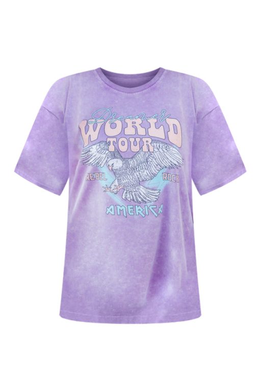 Coupon ⌛ Pink Lily World Tour Lilac Acid Wash Rolled Sleeve Graphic Tee 🎉 -Tees Shop