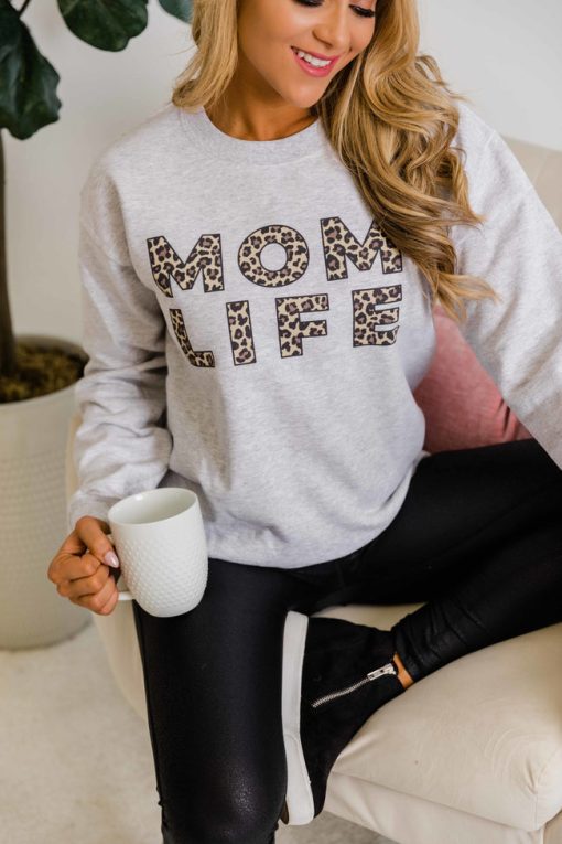 Best Sale ✨ Pink Lily Mom Life Leopard Print Ash Graphic Sweatshirt 😉 -Tees Shop