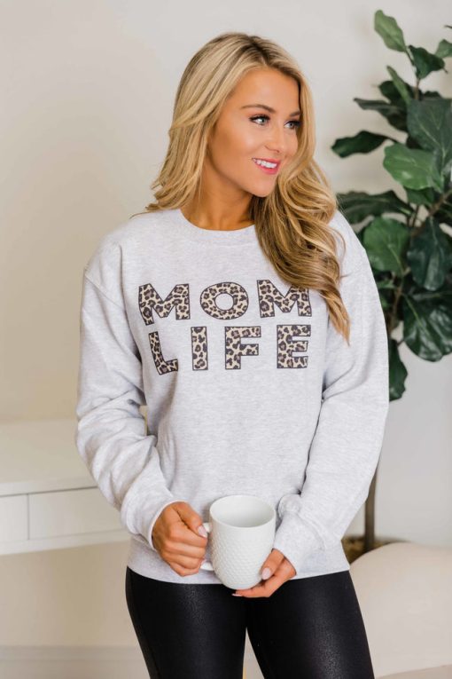 Best Sale ✨ Pink Lily Mom Life Leopard Print Ash Graphic Sweatshirt 😉 -Tees Shop