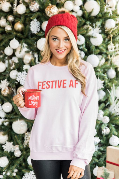 Flash Sale 💯 Pink Lily Festive AF Light Pink Graphic Sweatshirt ✔️ -Tees Shop