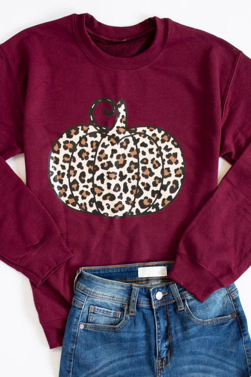 Outlet 🎉 Pink Lily Animal Print Pumpkin Graphic Maroon Sweatshirt 🌟 -Tees Shop