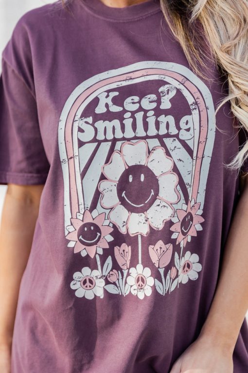 Outlet ⌛ Pink Lily Keep Smiling Purple Comfort Color Graphic Tee 🔔 -Tees Shop