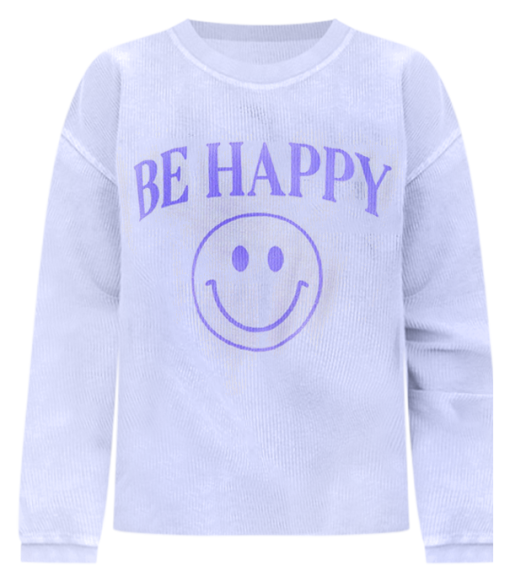 Top 10 🔥 Pink Lily Be Happy Smiley Lilac Corded Graphic Sweatshirt 🌟 -Tees Shop be happy smiley lilac corded graphic