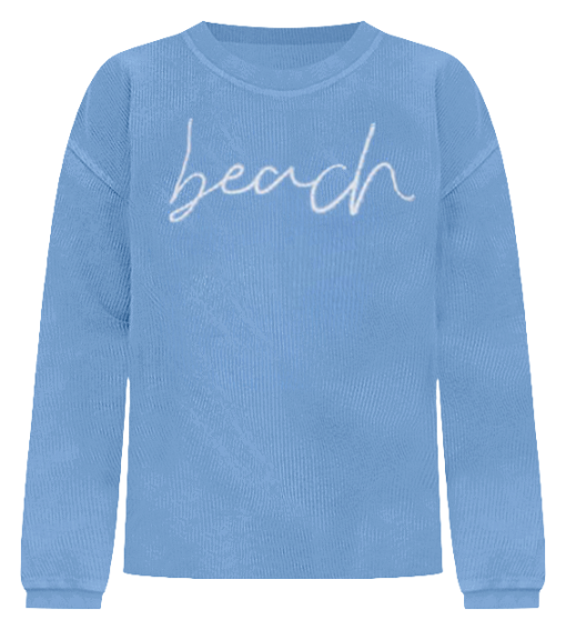 Discount 👏 Pink Lily Beach Script Blue Corded Graphic Sweatshirt 😍 -Tees Shop beach script blue corded graphic